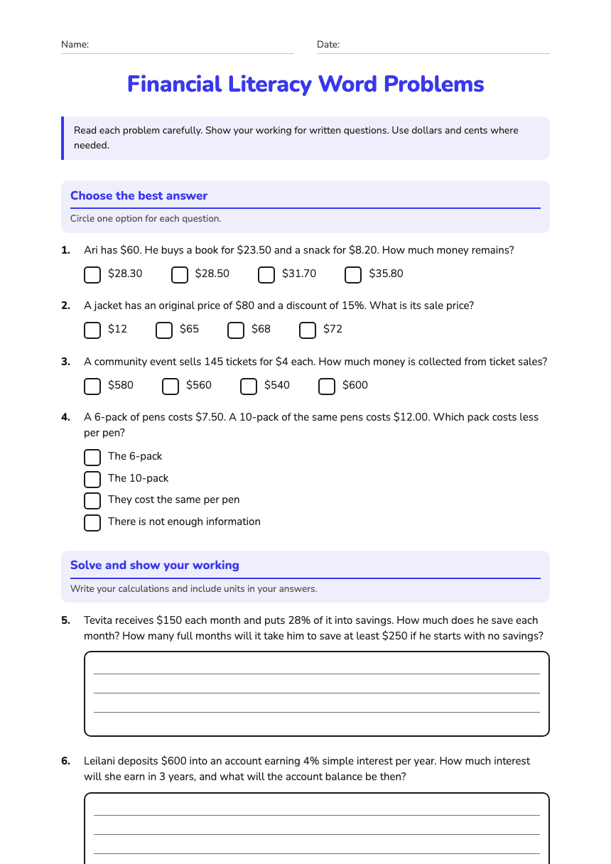 Financial Literacy Word Problems worksheet preview