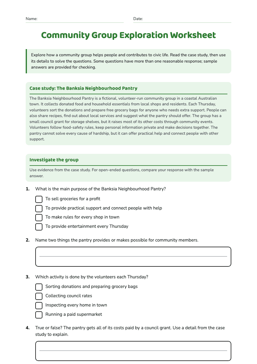 Community Group Exploration Worksheet worksheet preview