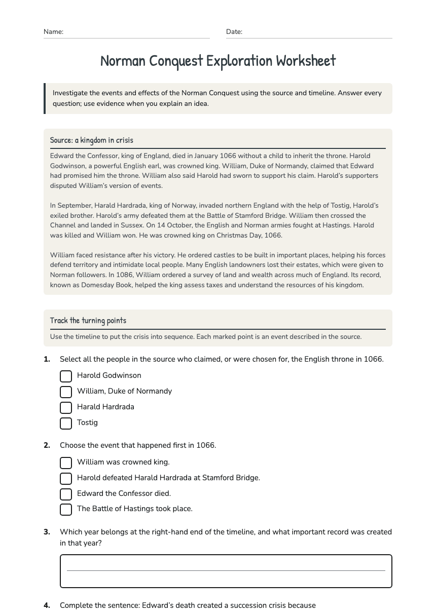 Norman Conquest Exploration Worksheet worksheet preview