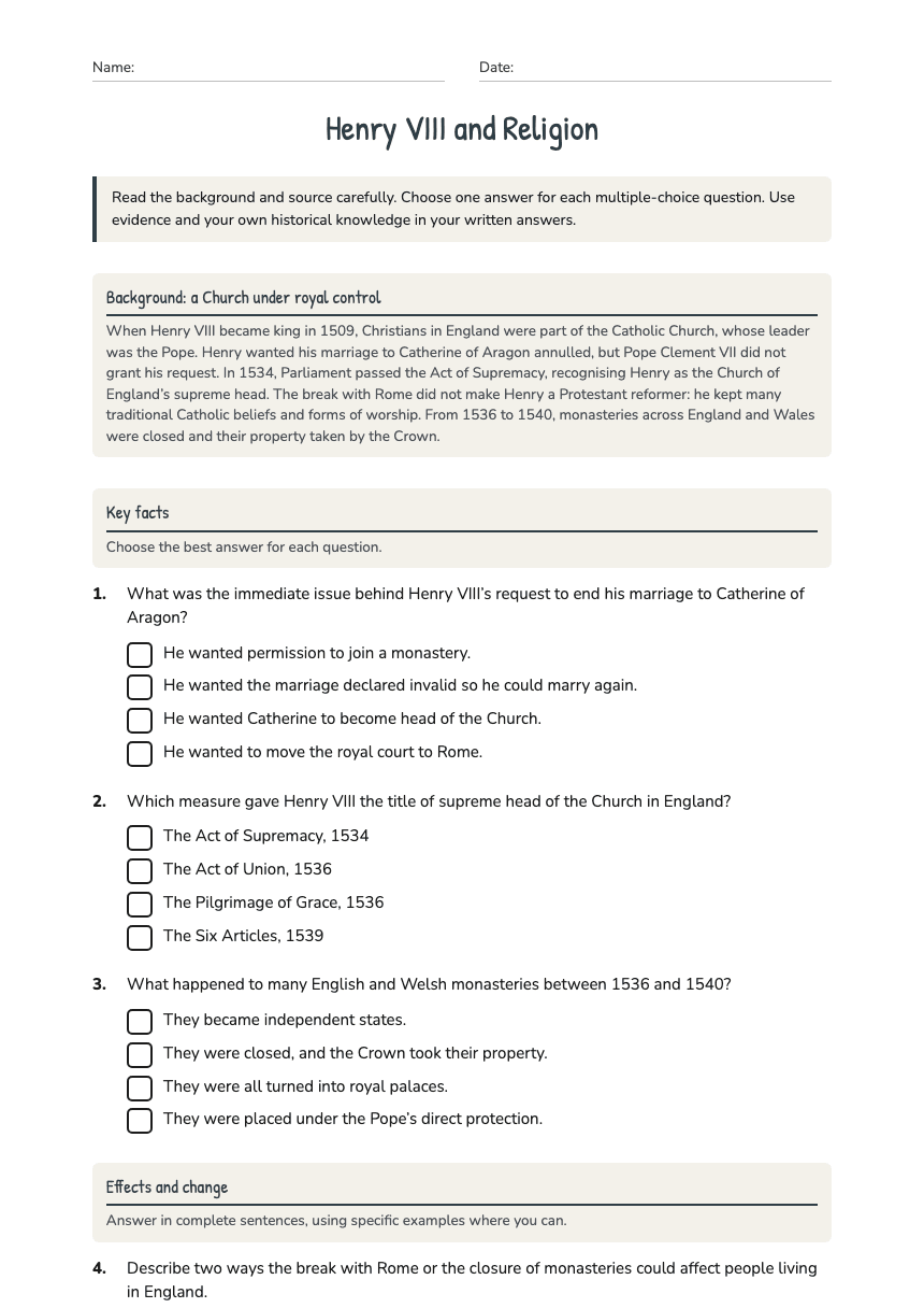 Henry VIII and Religion worksheet preview