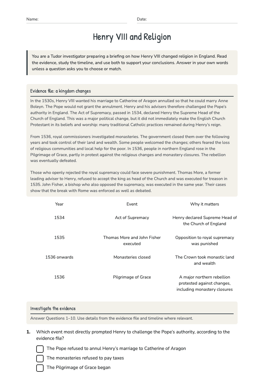 Henry VIII and Religion worksheet preview