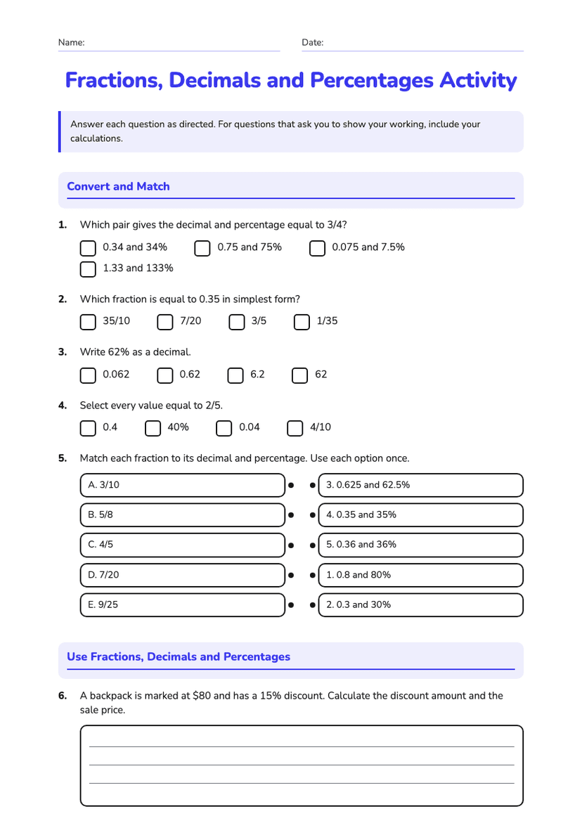 Fractions, Decimals and Percentages Activity