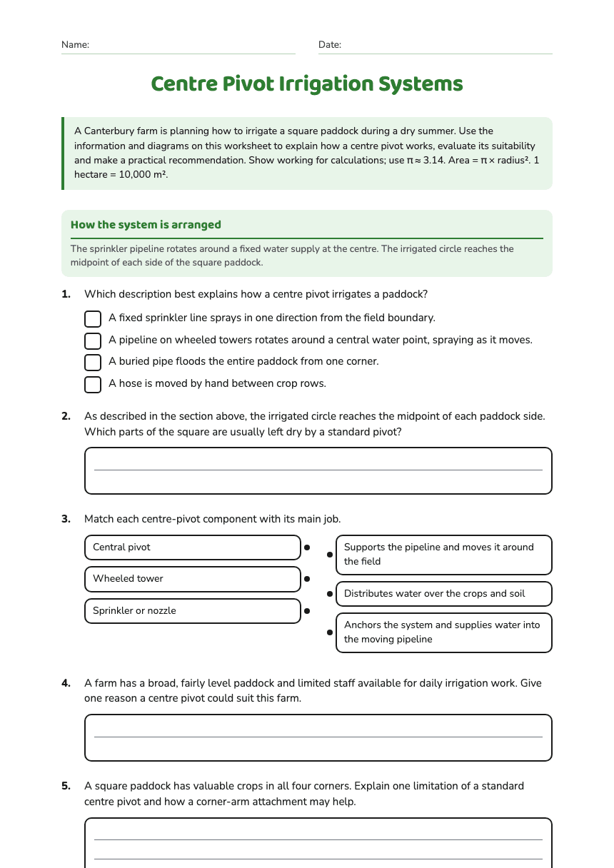 Centre Pivot Irrigation Systems worksheet preview
