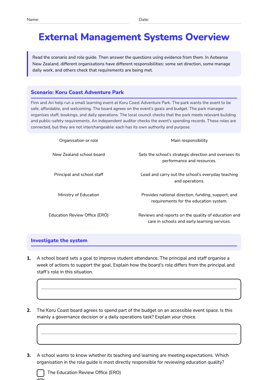 External Management Systems Overview worksheet preview