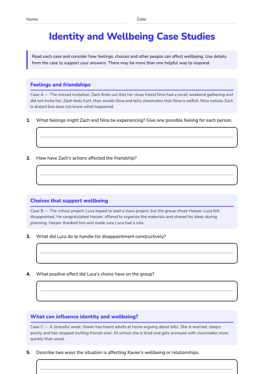 Identity and Wellbeing Case Studies worksheet preview