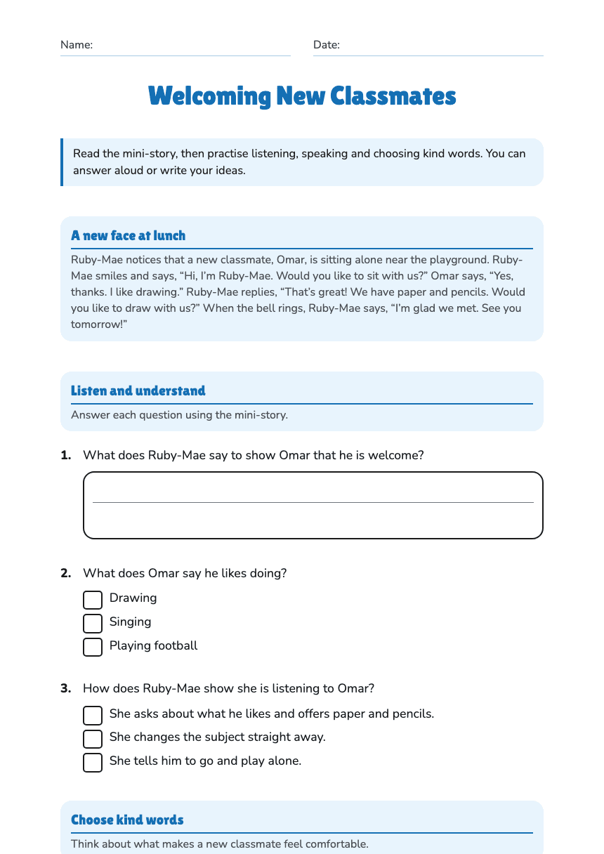 Welcoming New Classmates worksheet preview