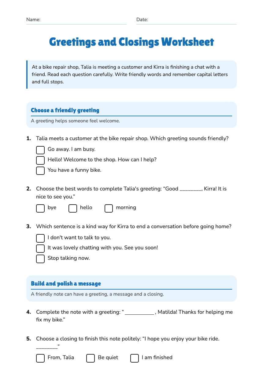 Greetings and Closings Worksheet worksheet preview