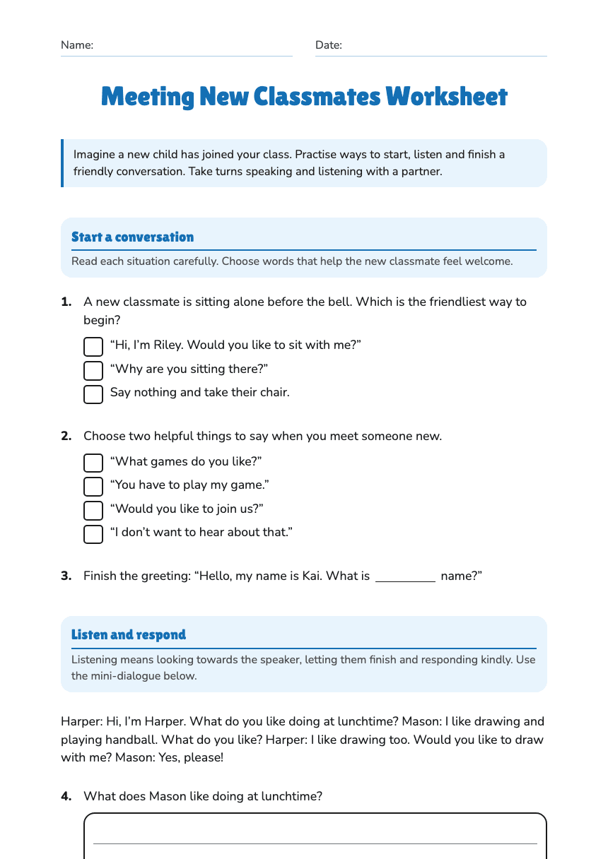 Meeting New Classmates Worksheet worksheet preview