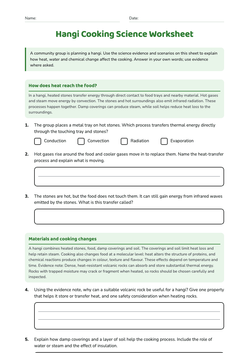 Hangi Cooking Science Worksheet worksheet preview