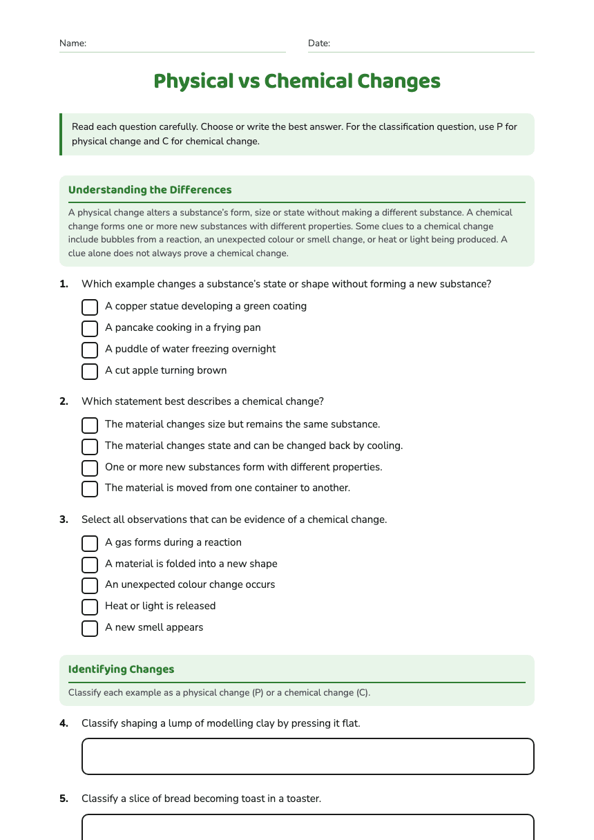Physical vs Chemical Changes worksheet preview