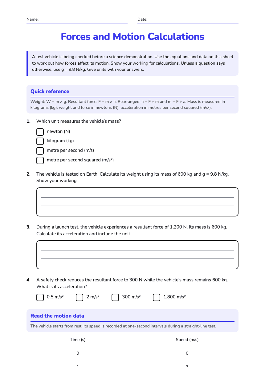 Forces and Motion Calculations worksheet preview