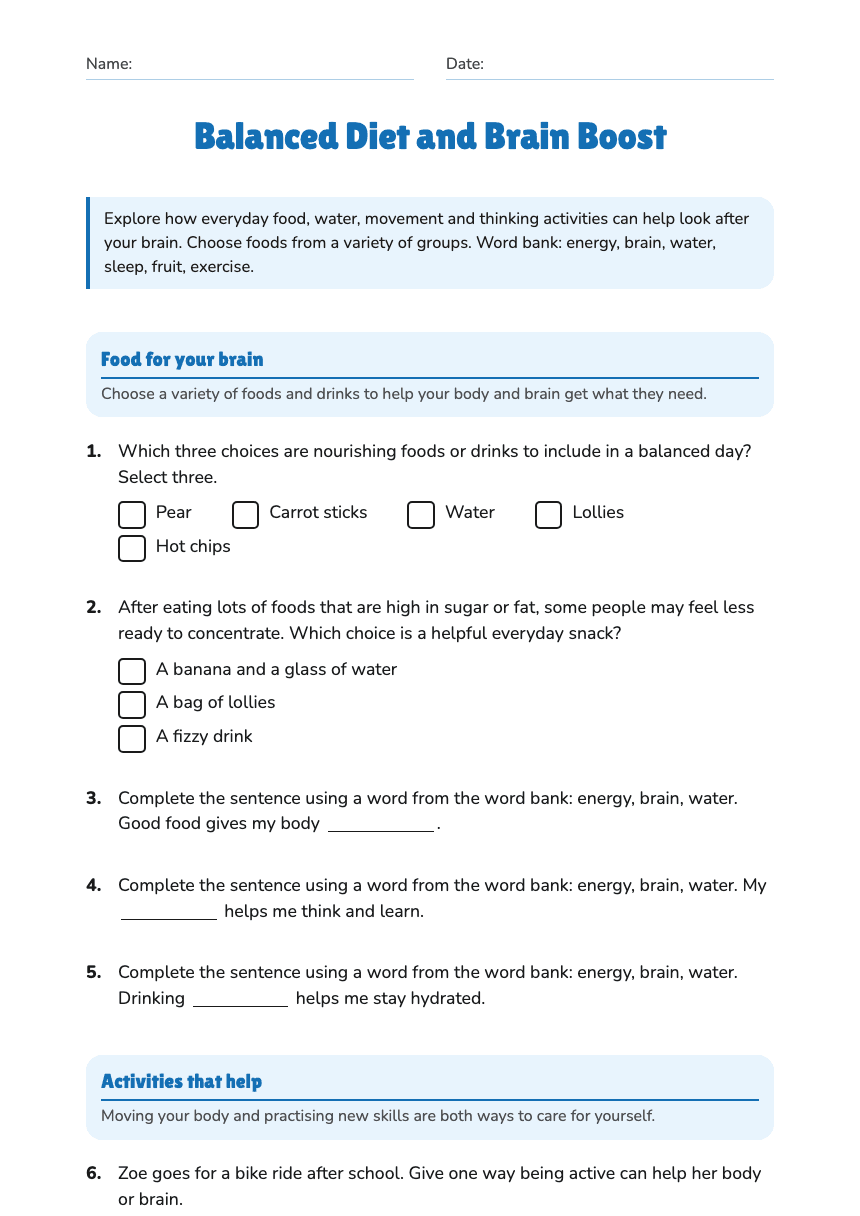 Balanced Diet and Brain Boost worksheet preview