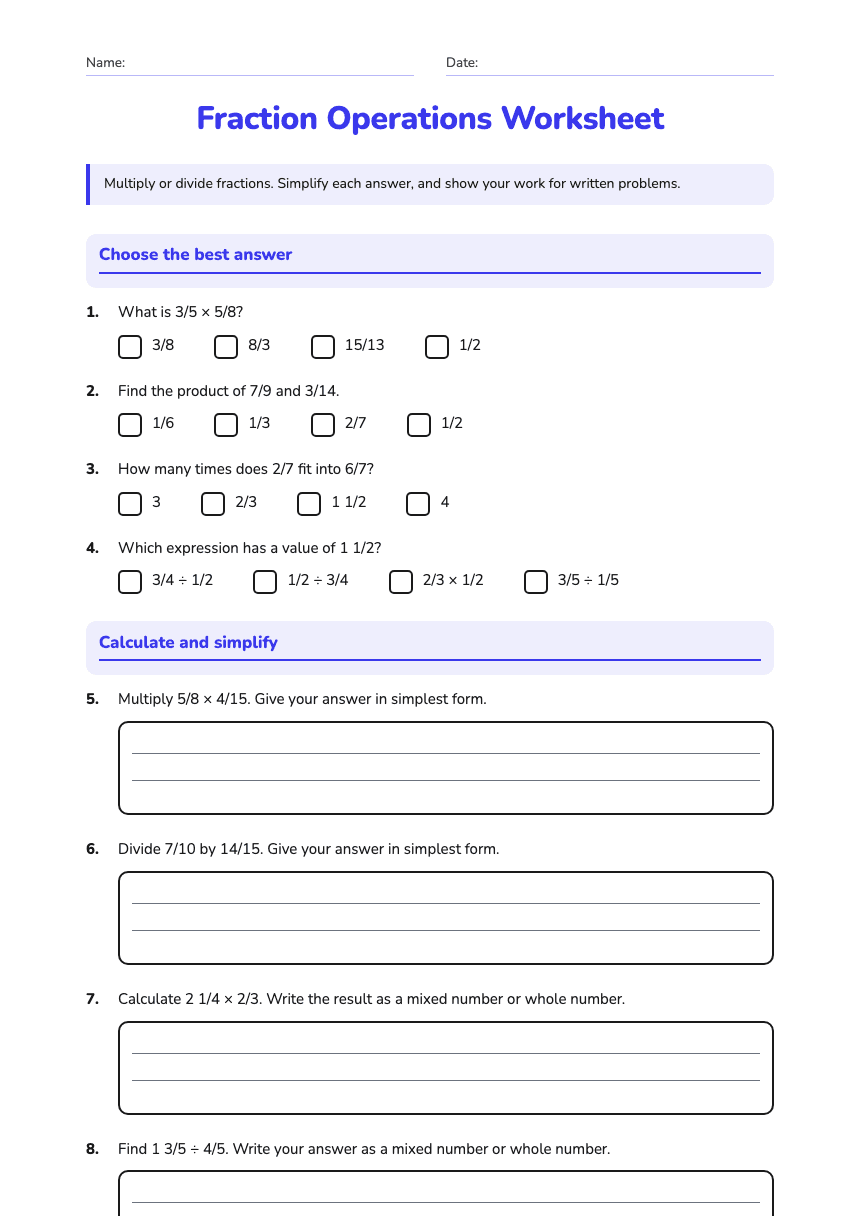 Fraction Operations Worksheet worksheet preview