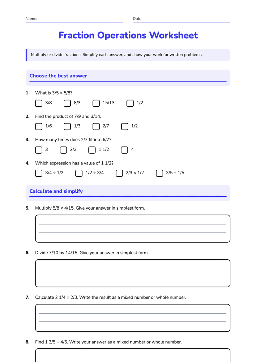 Fraction Operations Worksheet