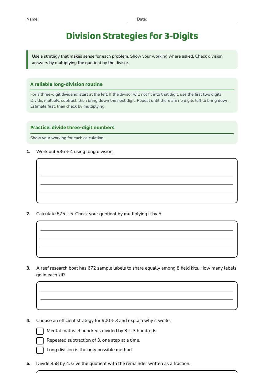 Division Strategies for 3-Digits worksheet preview
