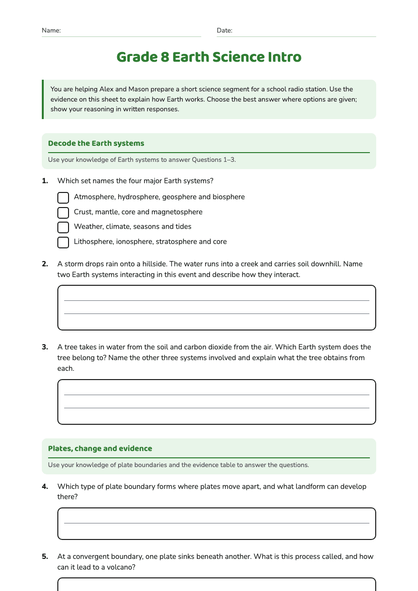 Grade 8 Earth Science Intro worksheet preview