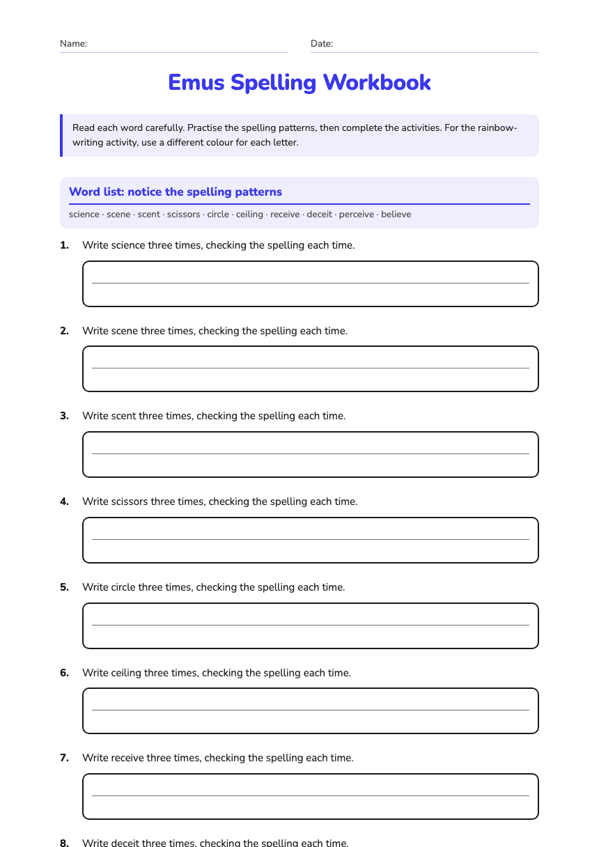 Emus Spelling Workbook worksheet preview