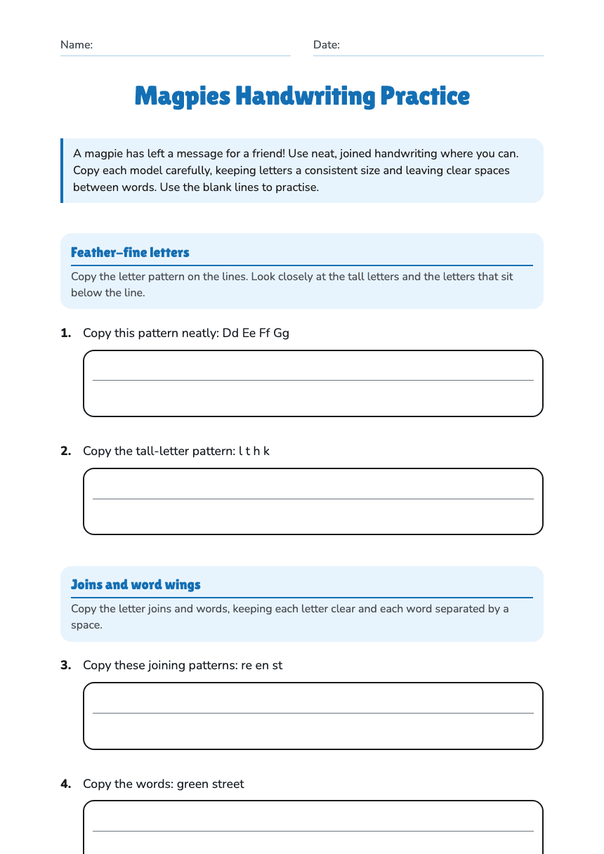 Magpies Handwriting Practice worksheet preview