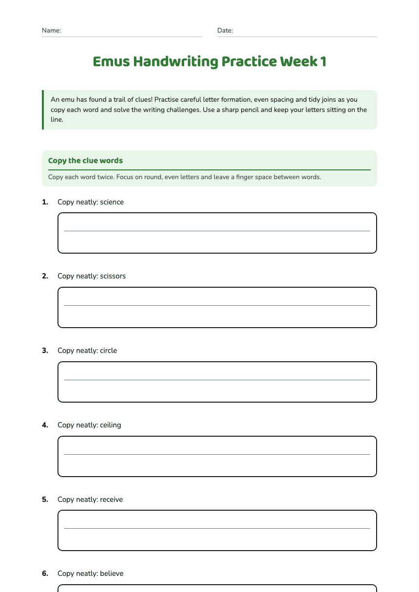 Emus Handwriting Practice Week 1 worksheet preview