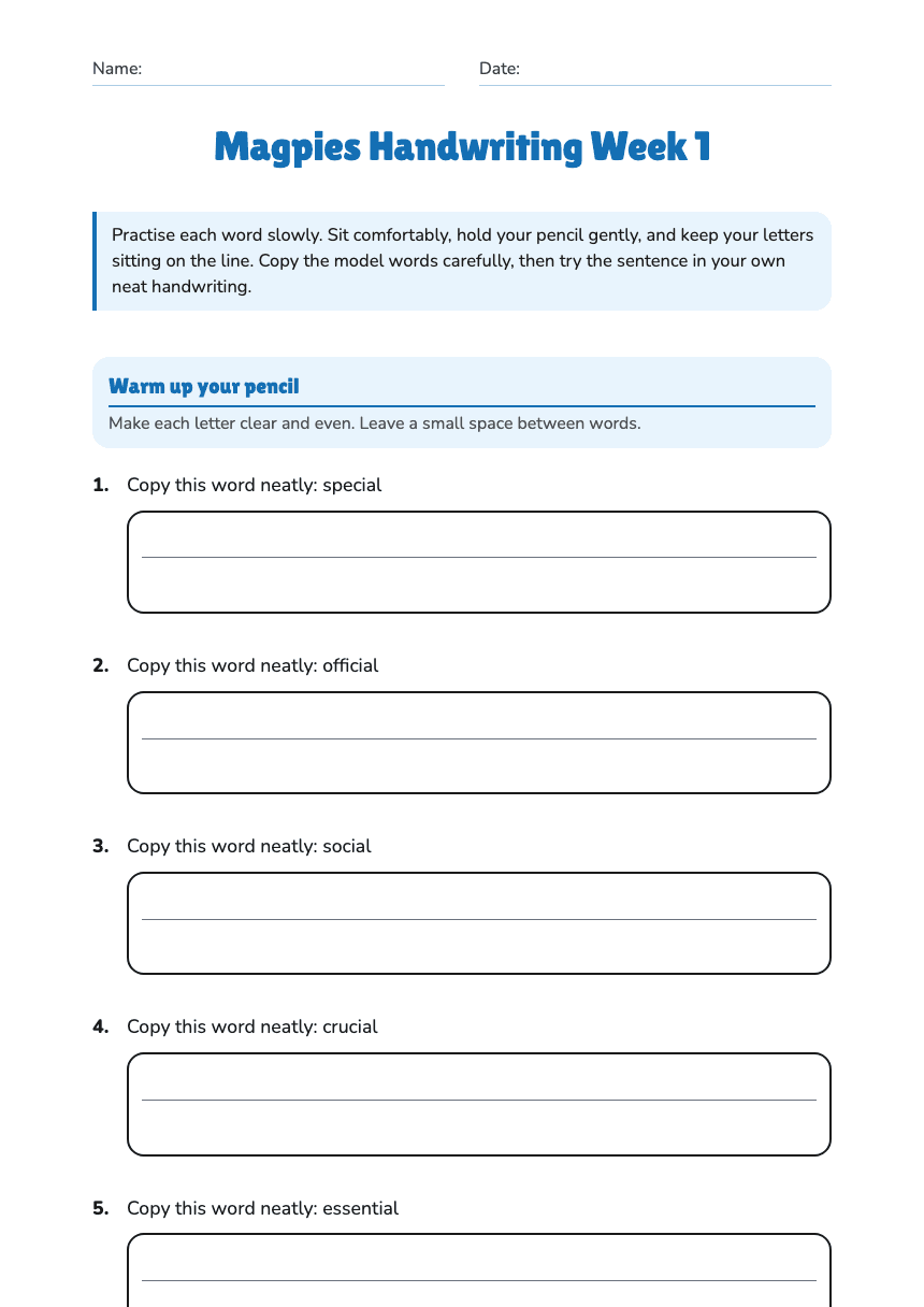 Magpies Handwriting Week 1 worksheet preview