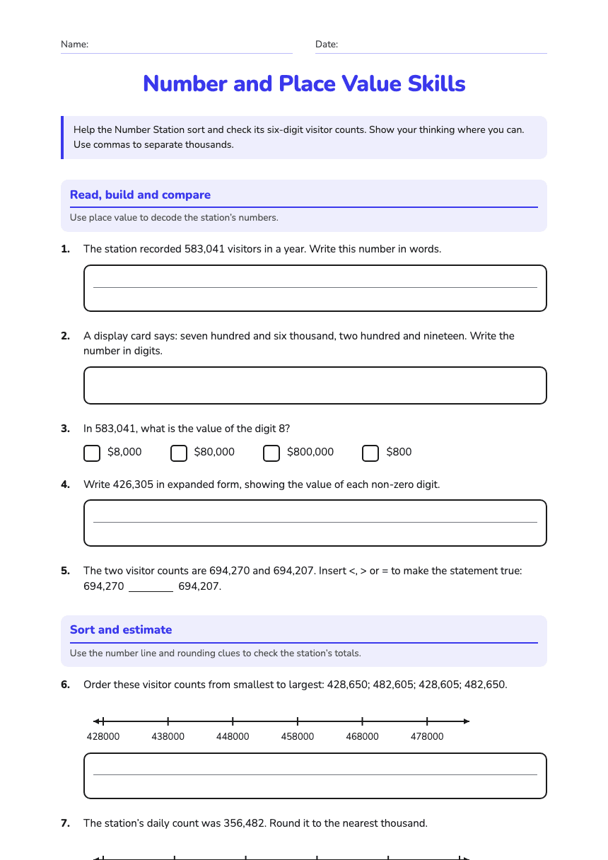Number and Place Value Skills worksheet preview
