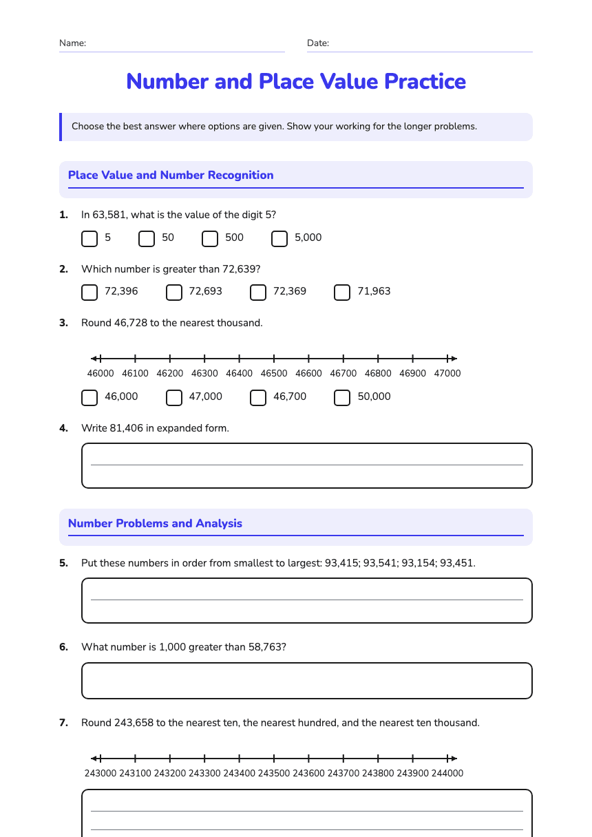 Number and Place Value Practice worksheet preview