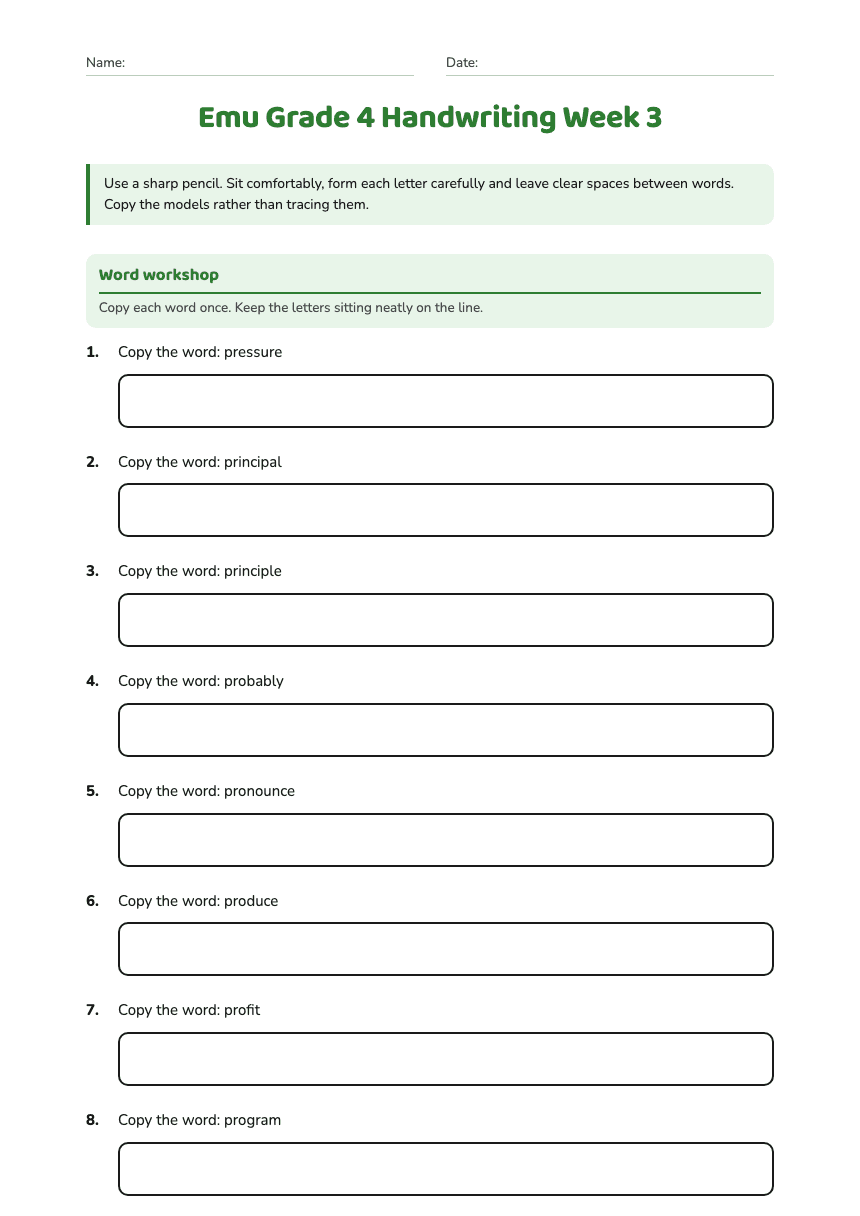 Emu Grade 4 Handwriting Week 3 worksheet preview