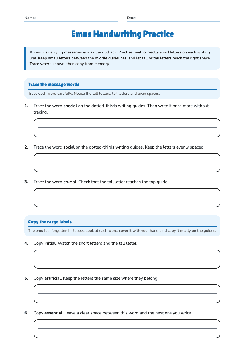 Emus Handwriting Practice worksheet preview