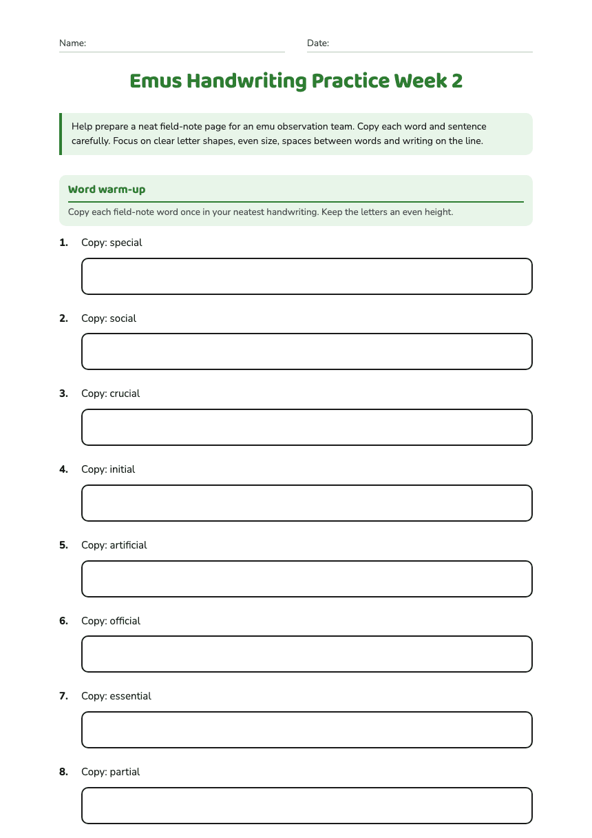 Emus Handwriting Practice Week 2 worksheet preview