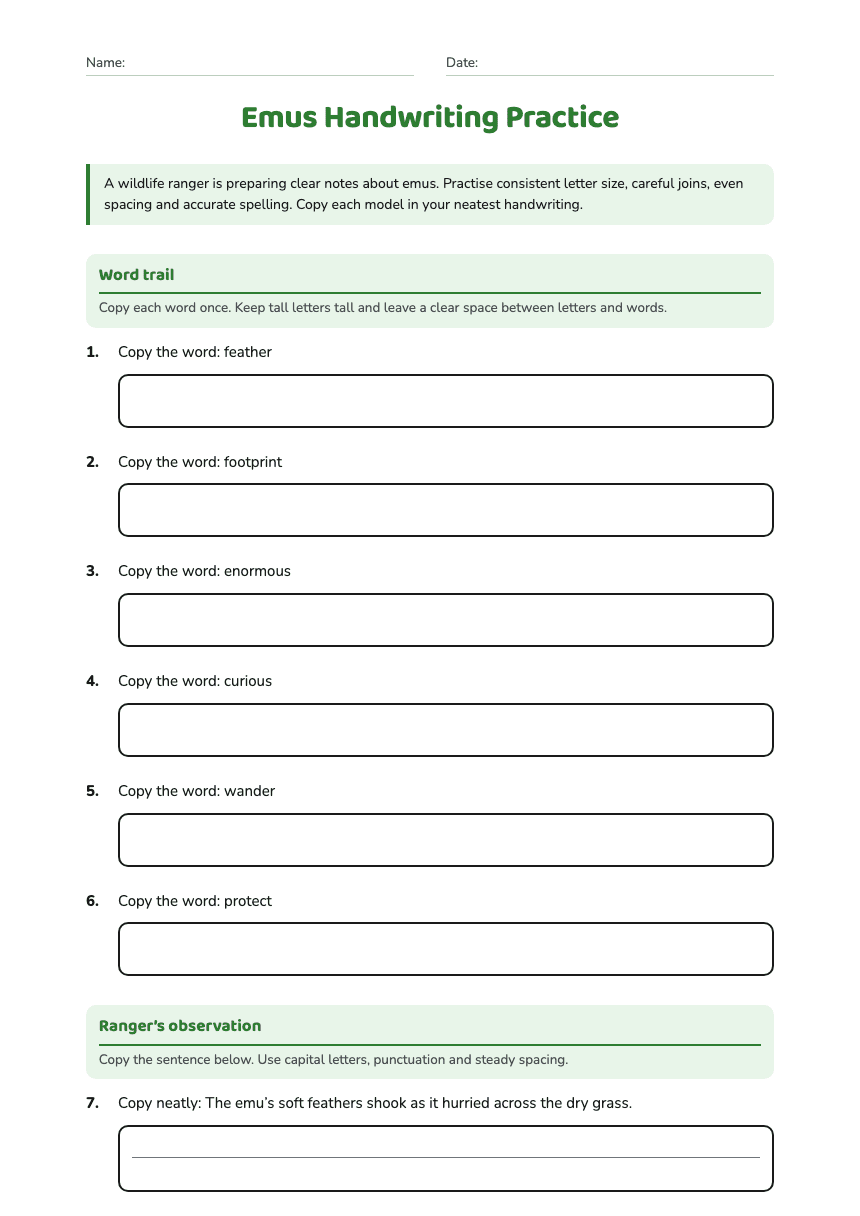 Emus Handwriting Practice worksheet preview