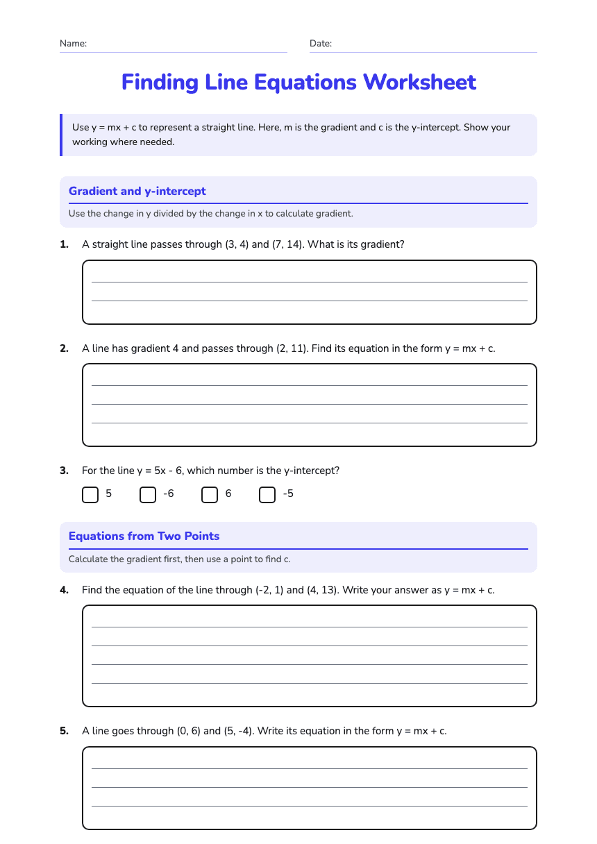 Finding Line Equations Worksheet worksheet preview