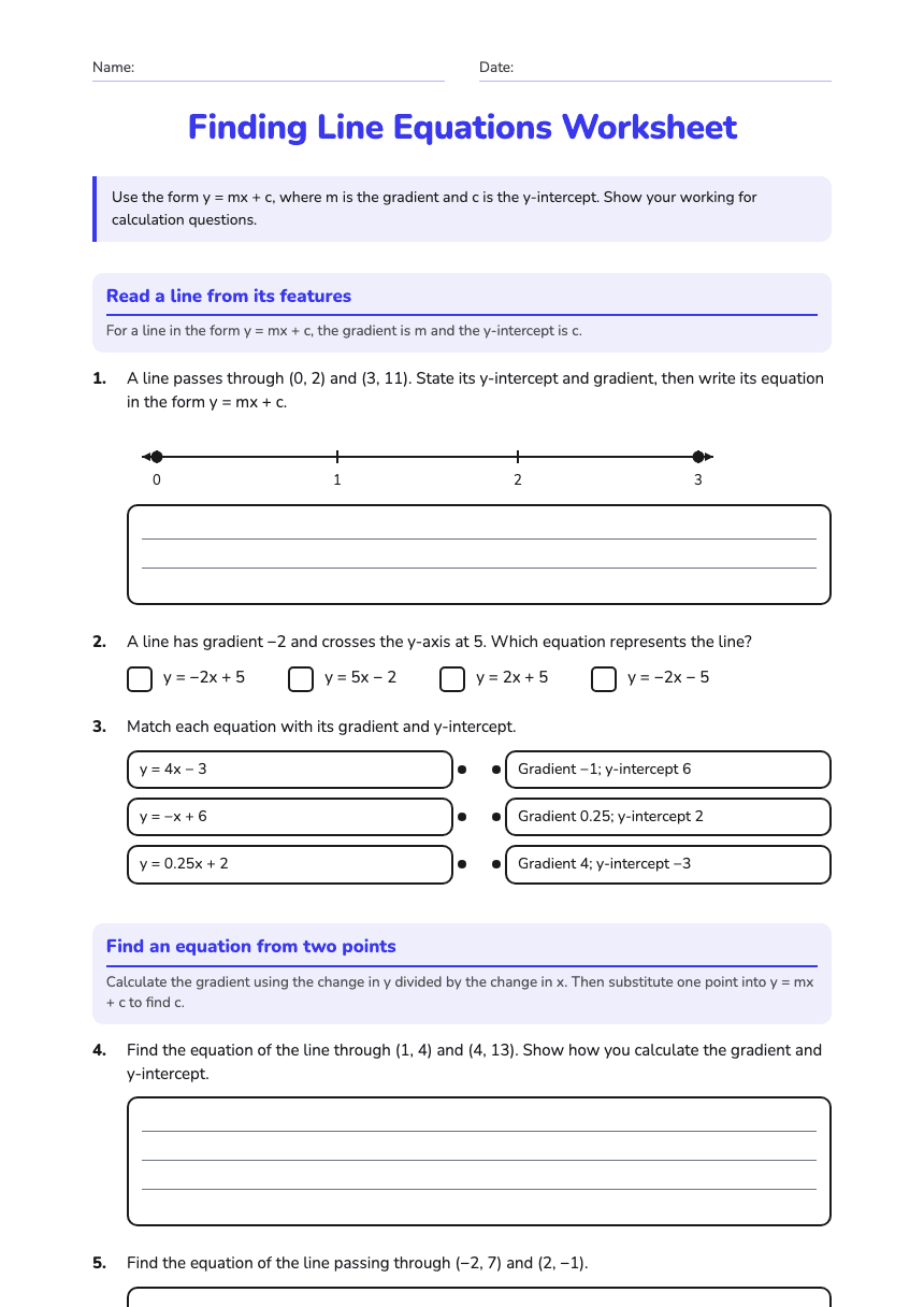 Finding Line Equations Worksheet worksheet preview