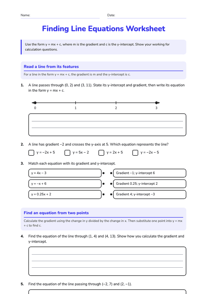 Finding Line Equations Worksheet