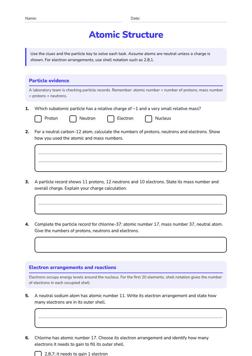 Atomic Structure worksheet preview
