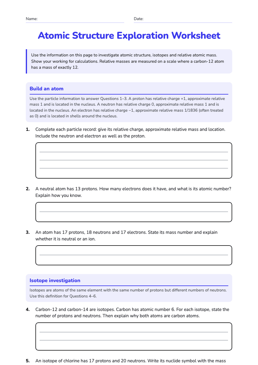 Atomic Structure Exploration Worksheet worksheet preview