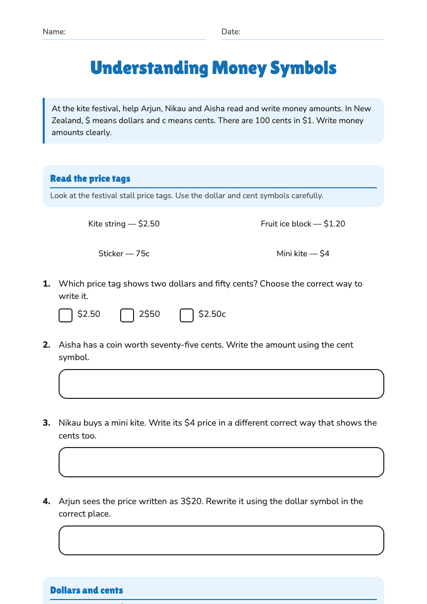 Understanding Money Symbols worksheet preview