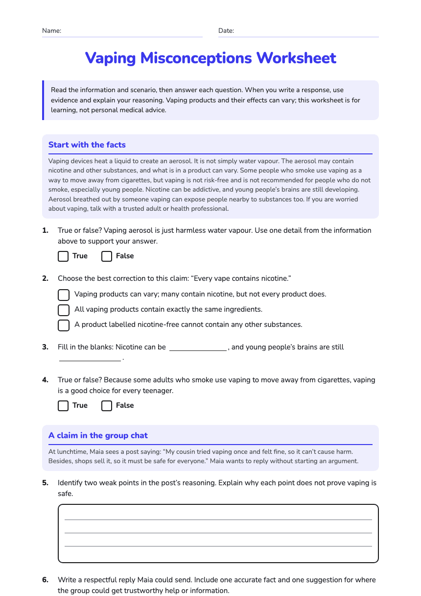 Vaping Misconceptions Worksheet worksheet preview