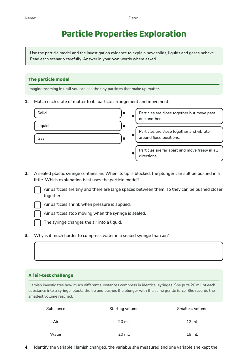 Particle Properties Exploration worksheet preview