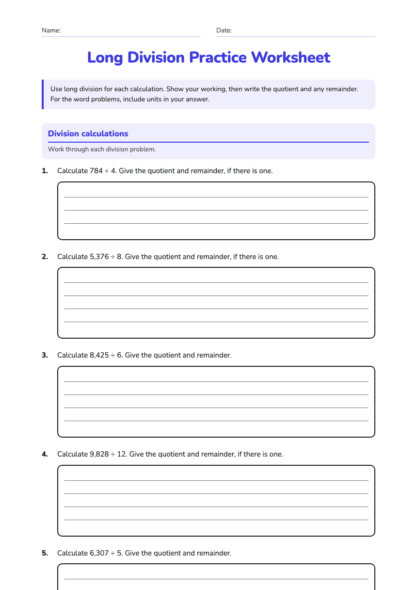 Long Division Practice Worksheet worksheet preview