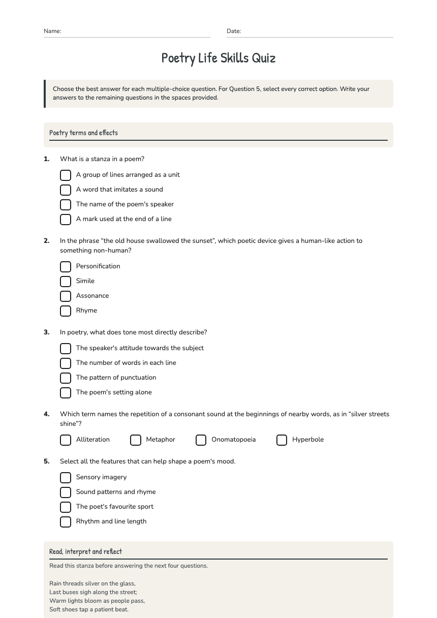 Poetry Life Skills Quiz worksheet preview