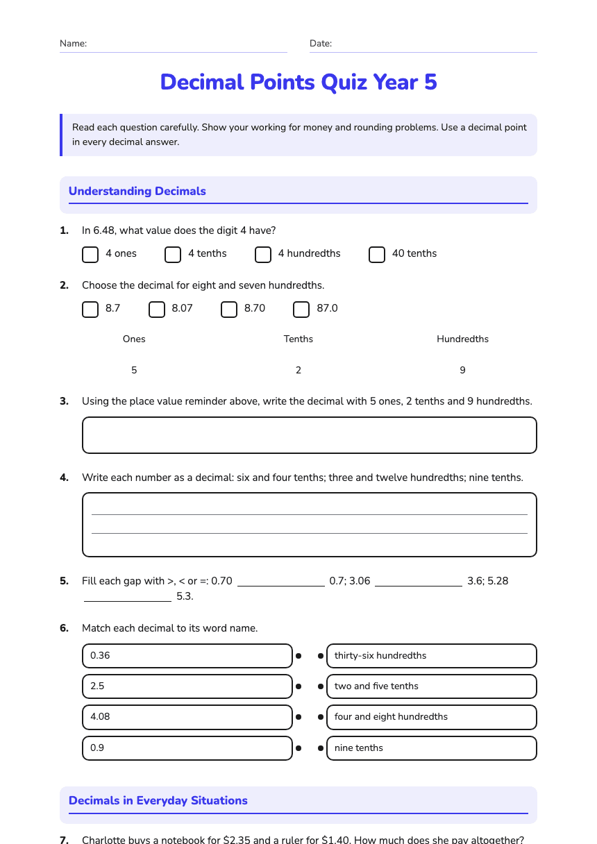 Decimal Points Quiz Year 5 worksheet preview