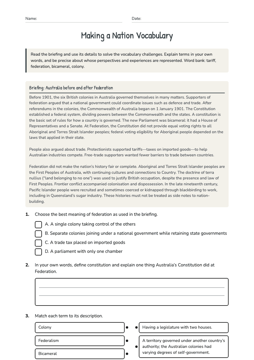 Making a Nation Vocabulary worksheet preview
