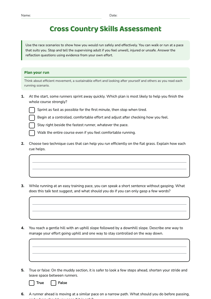 Cross Country Skills Assessment worksheet preview