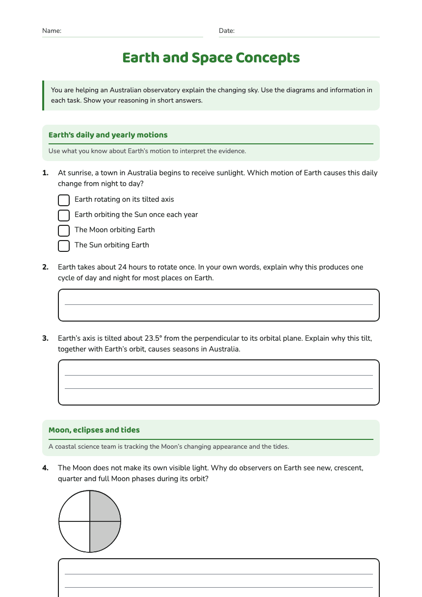 Earth and Space Concepts worksheet preview