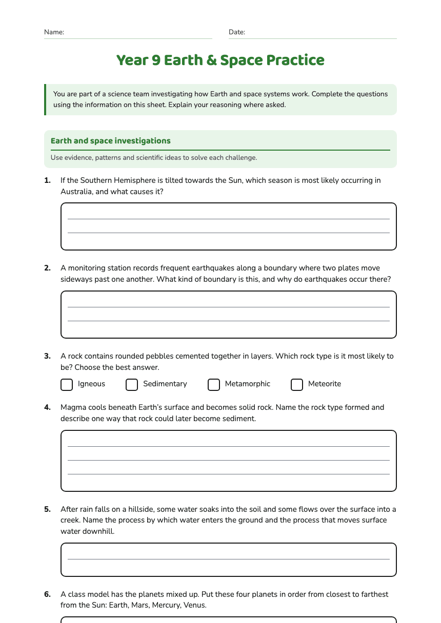 Year 9 Earth & Space Practice worksheet preview
