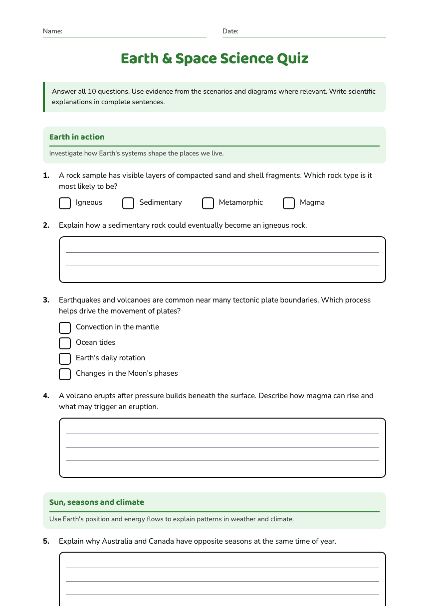 Earth & Space Science Quiz worksheet preview