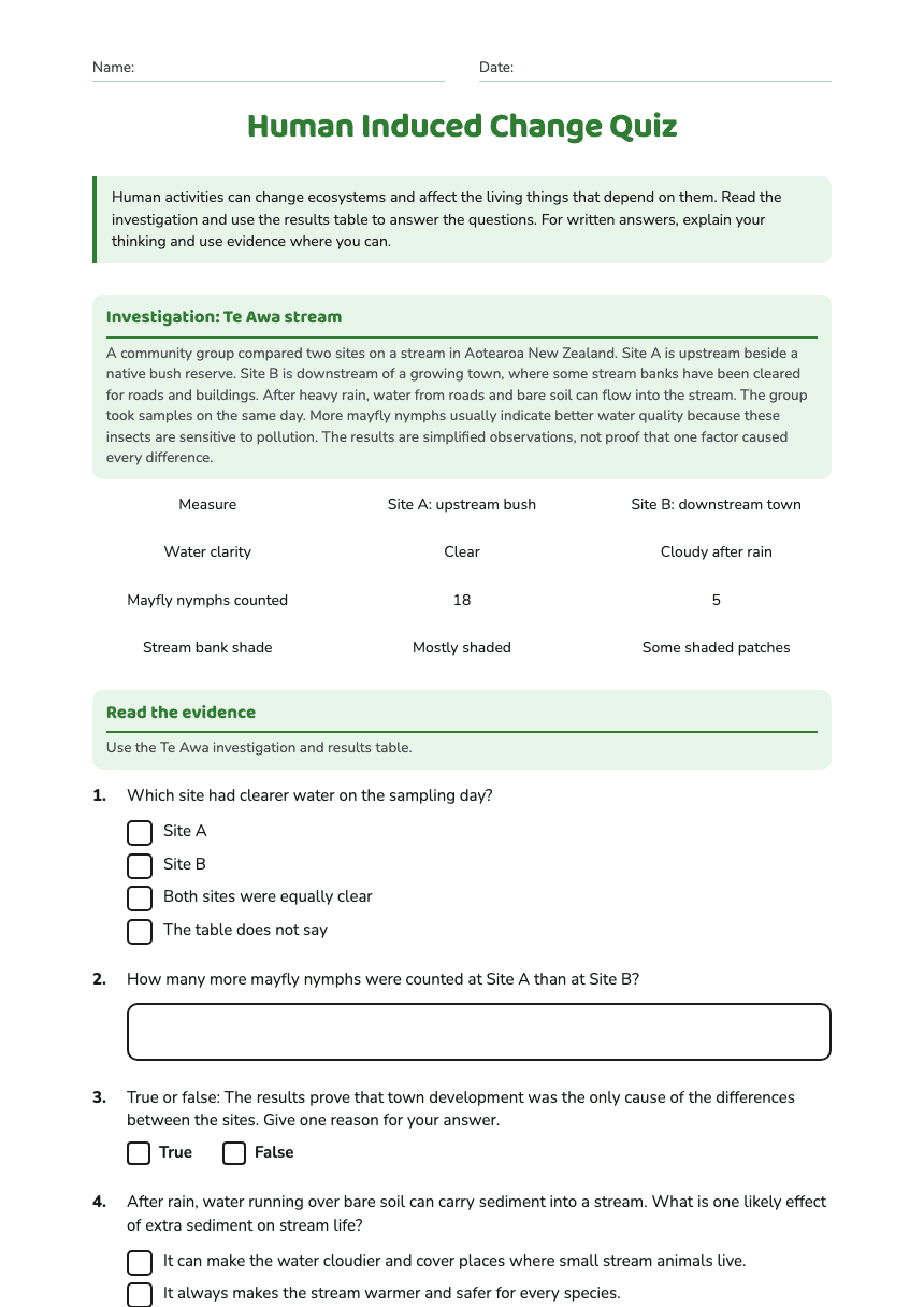 Human Induced Change Quiz worksheet preview
