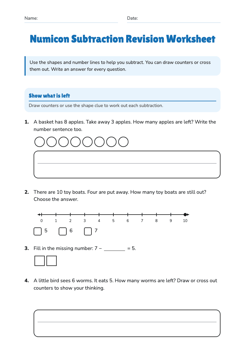 Numicon Subtraction Revision Worksheet worksheet preview