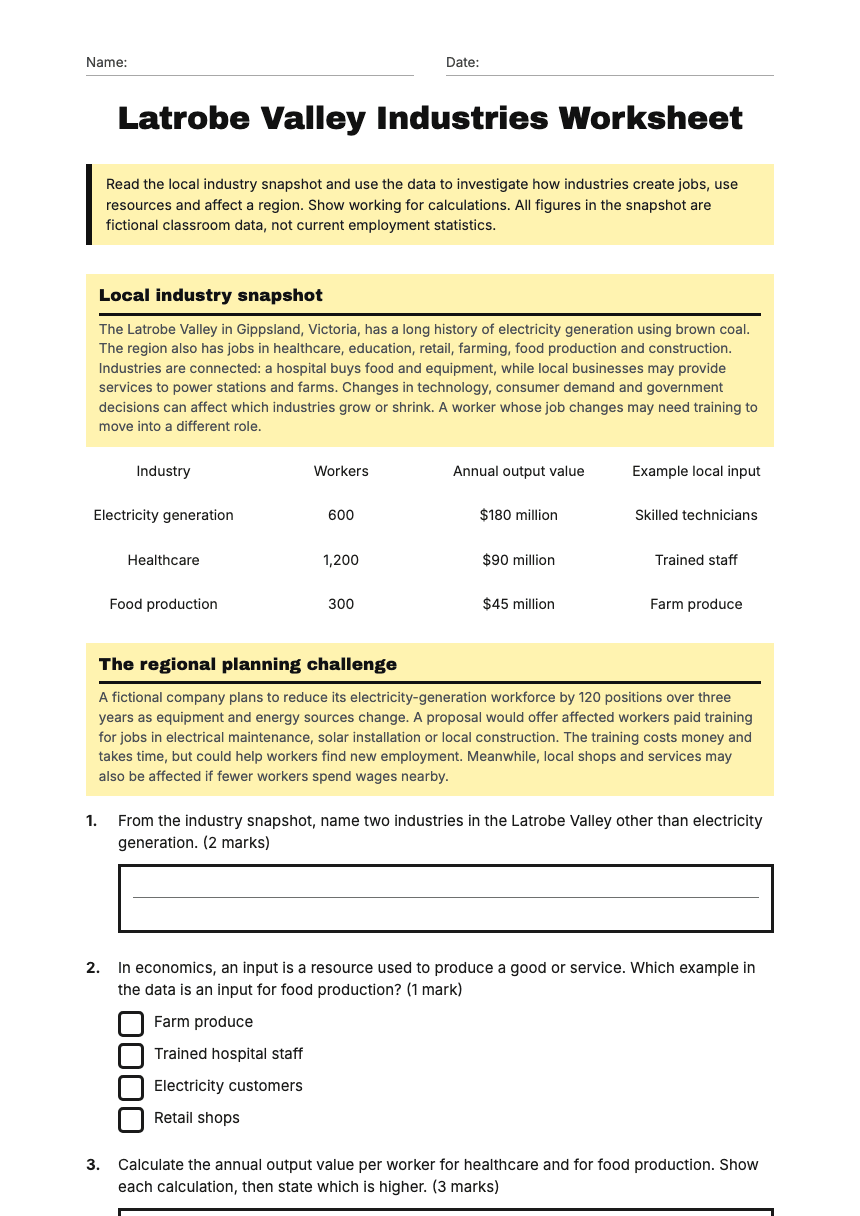 Latrobe Valley Industries Worksheet worksheet preview