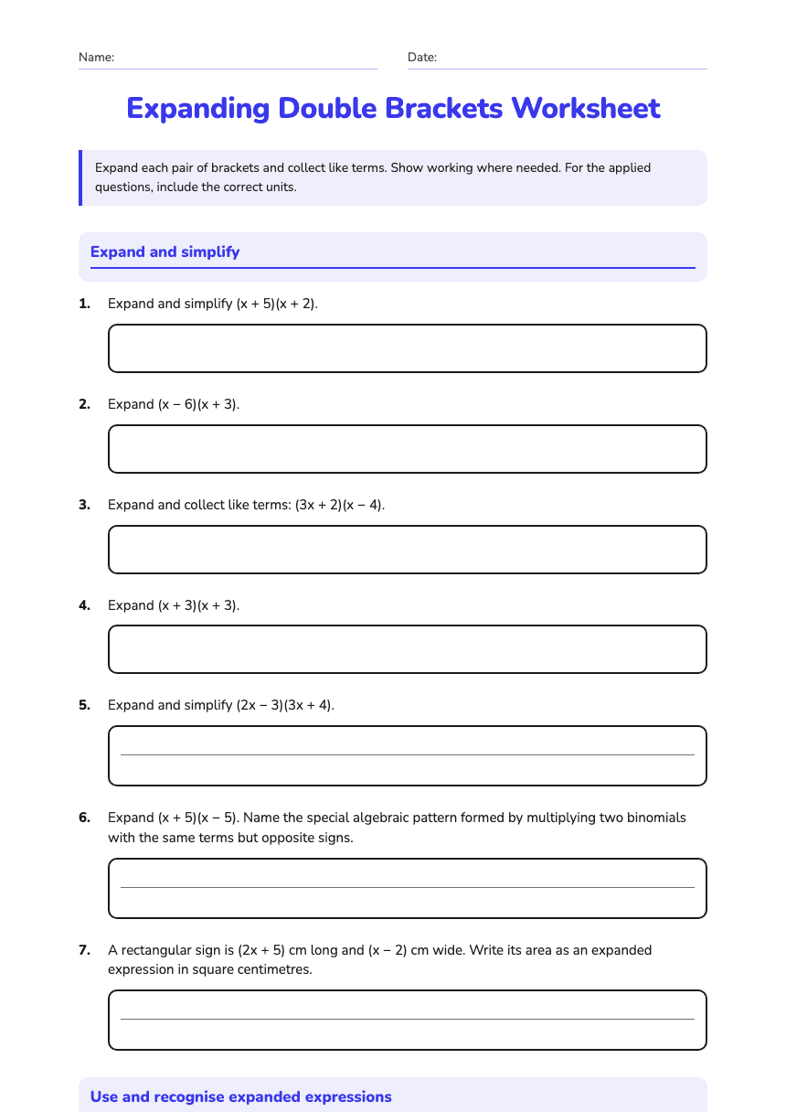 Expanding Double Brackets Worksheet worksheet preview